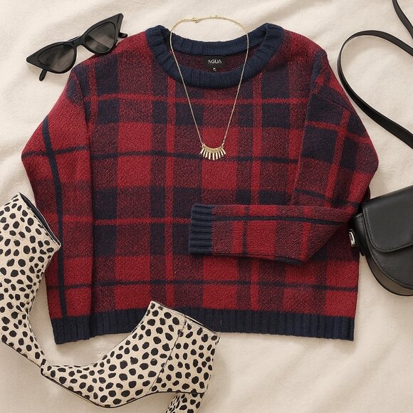 Aqua Women’s Red Plaid Check Crewneck Knitted Sweater - Small - Picture 2 of 15